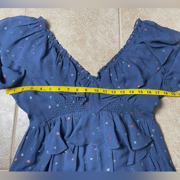 Rebecca Taylor 100% Silk Ruffle Mini Dress Glitter Gem Blue Dot Revolve, Size 8 - Picture 5 of 11